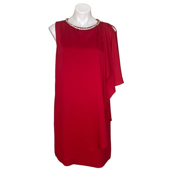 Tahari ASL Red Asymmetrical Sleeve Cocktail Dress, Rhinestones Women's Size 10 - Picture 1 of 10